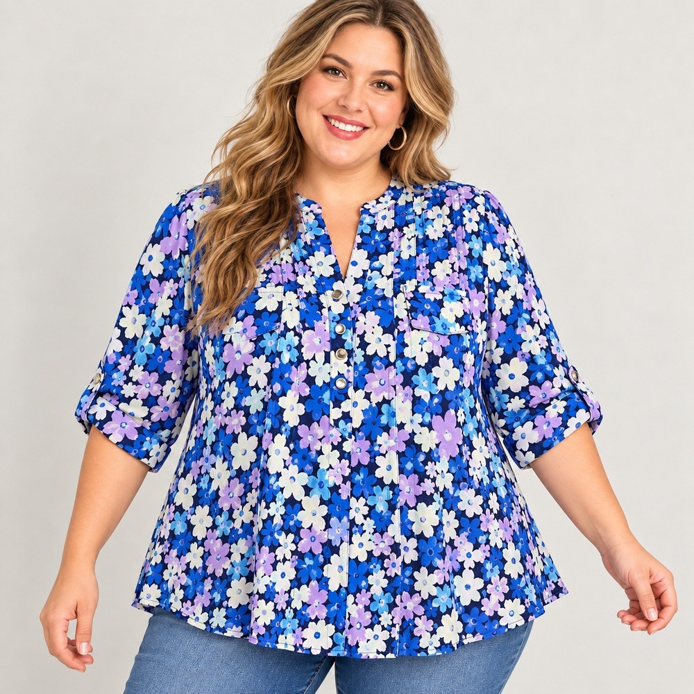 Cocomo Woman 3X Blouse Blue Floral Tunic Top Roll Tab Sleeve Pintuck Plus Size